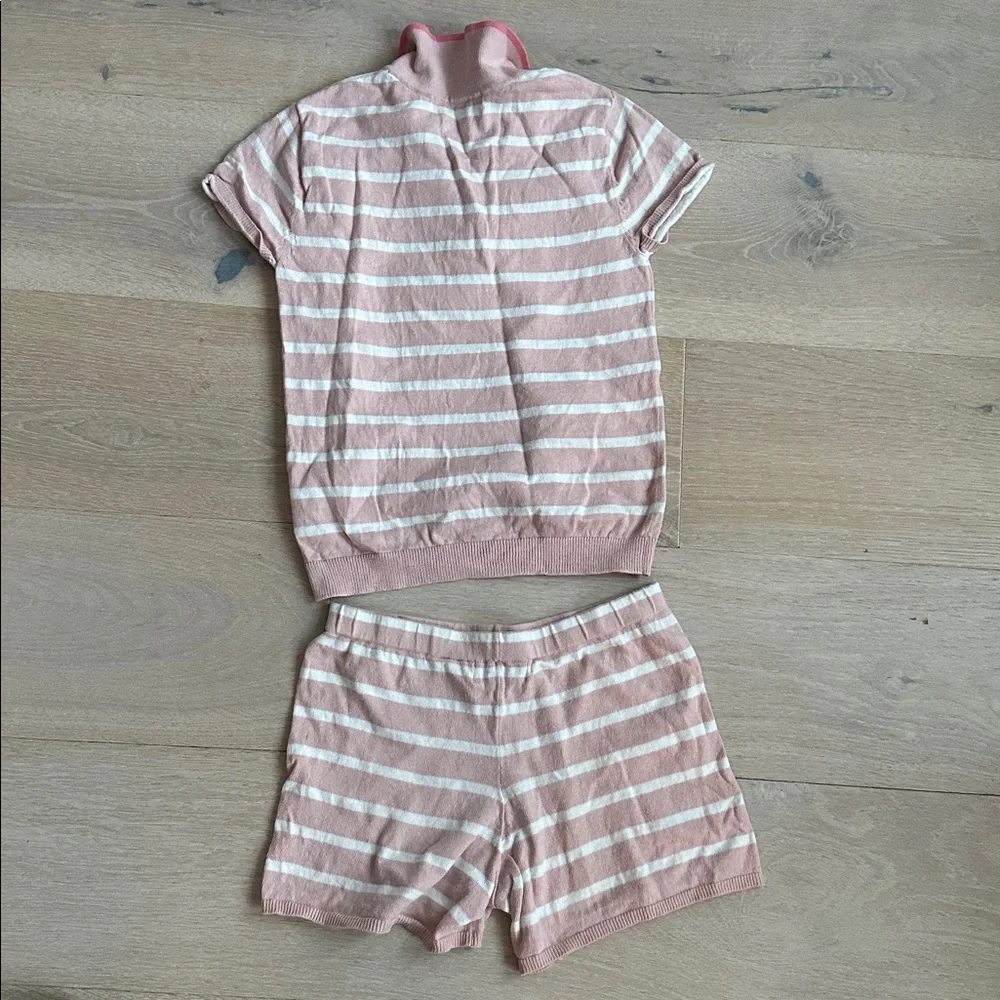H&M girls 100% cotton knit Pink White Striped Polo Shirt and Shorts Set sz 6x /7